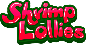 Shrimp Lollies logo red and green outlined bubble letters with a fun vibe